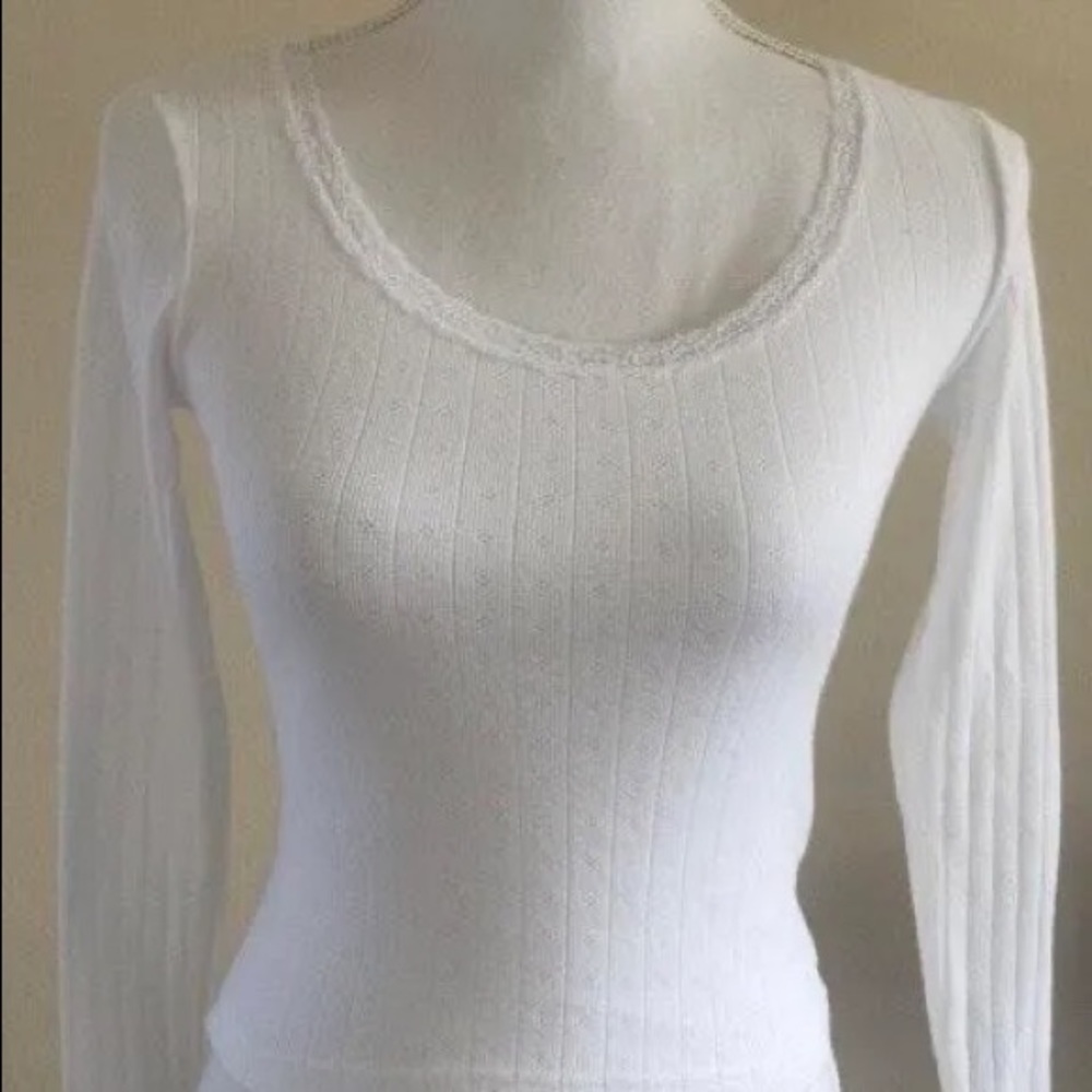 Brandy Melville White Long Sleeve Eyelet Top